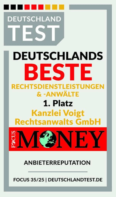 Auszeichnung beste Kanzlei im Focus Money Deutschlandtest 2025